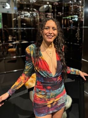 Plunging V-Neck Abstract Multi‑Color Mini Dress